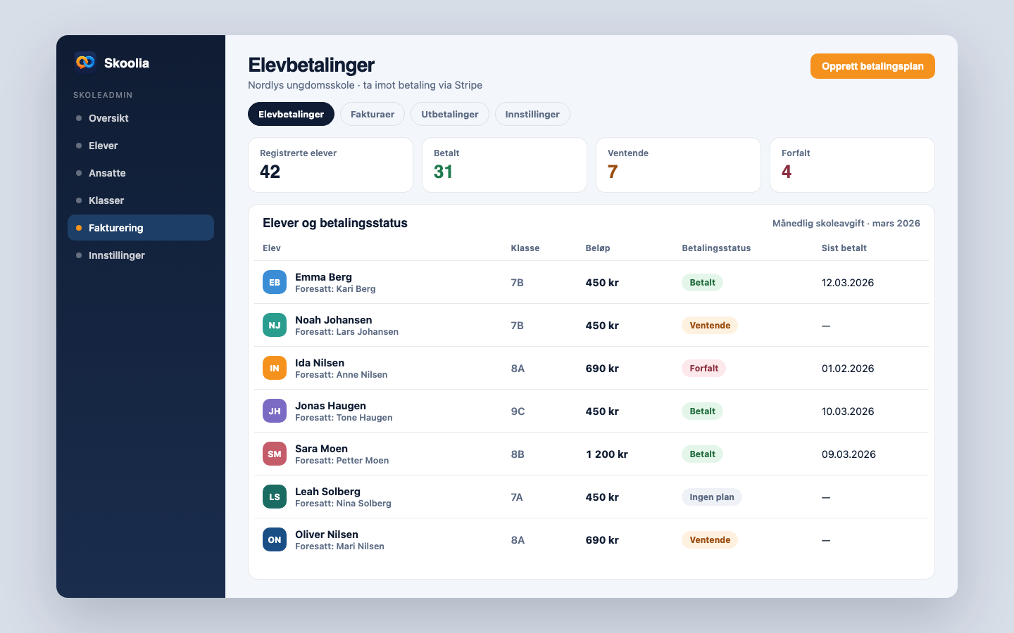 Elevbetalinger med navn og betalingsstatus i Skoolia